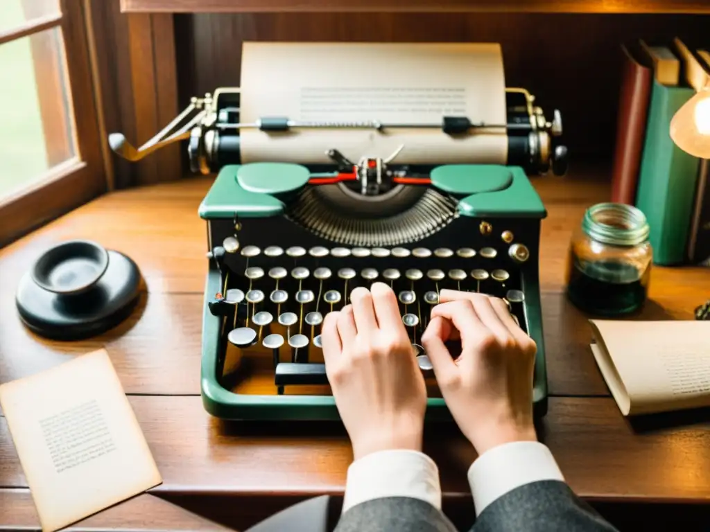 Una atmósfera nostálgica y académica con una máquina de escribir vintage, libros antiguos, pluma y tintero