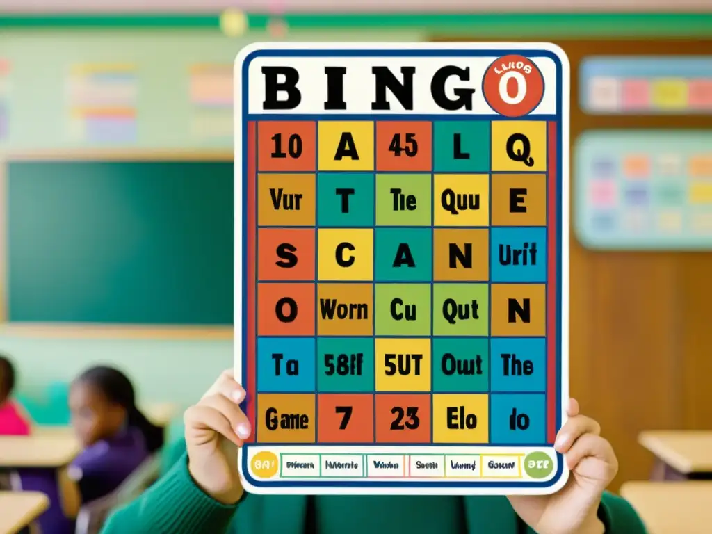 Un aula animada con estudiantes participando en un juego de bingo lingüístico, rodeados de colores vibrantes y decoración vintage