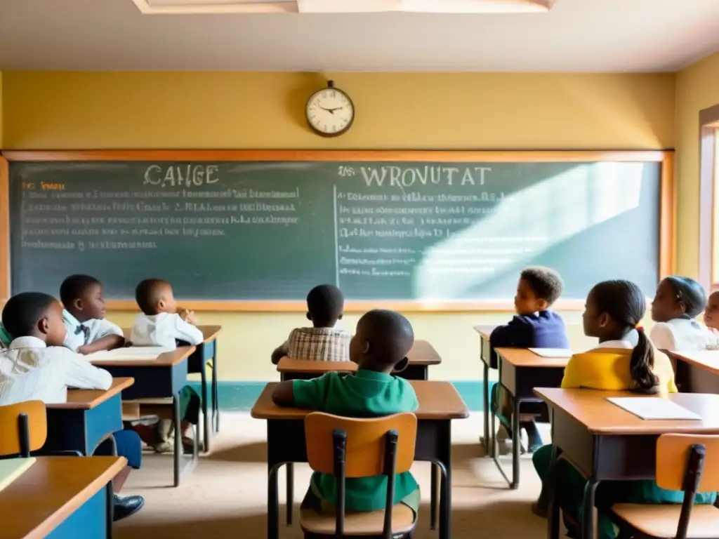 Un aula antigua llena de vida, con estudiantes debatiendo el impacto del dialecto en la juventud