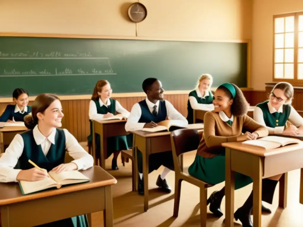 Una ilustración vintage de una aula francesa tradicional, donde los estudiantes participan en actividades de aprendizaje de idiomas