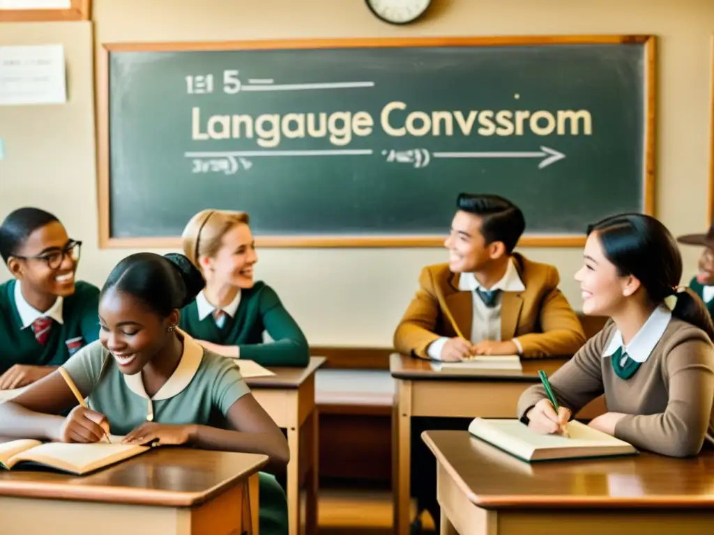 Un aula de idiomas vintage con estudiantes participando en animadas conversaciones