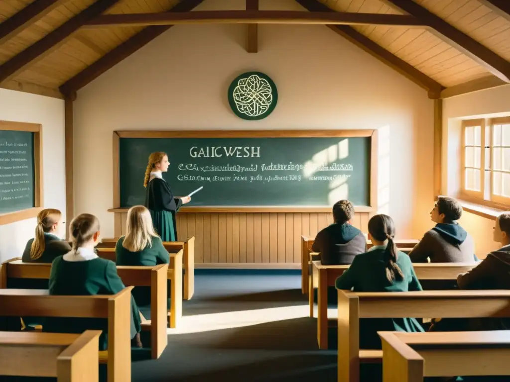 Un aula de lenguas celtas antiguas con estudiantes y maestro, iluminada por suave luz solar