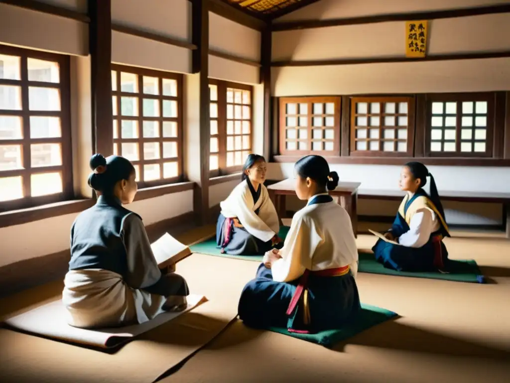 Una aula tradicional de dzongkha en Bután, con estudiantes y maestro, capturando la rica herencia cultural