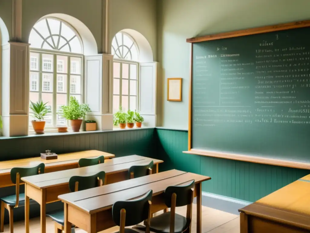 Aula tradicional holandesa en Ámsterdam con pizarrón de vocabulario y estudiantes aprendiendo holandés en una atmósfera acogedora y vintage