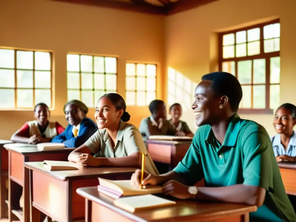 Un aula tradicional de swahili rebosante de cultura y aprendizaje, con estudiantes comprometidos y un profesor experimentado