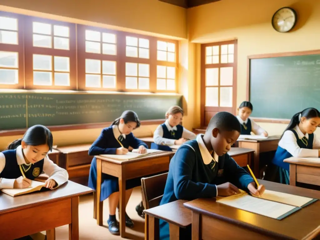 Aula vintage con estudiantes atentos a una clase en idioma extranjero