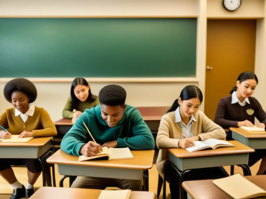 Un aula vintage con estudiantes de diferentes culturas aprendiendo idiomas con estrategias tradicionales