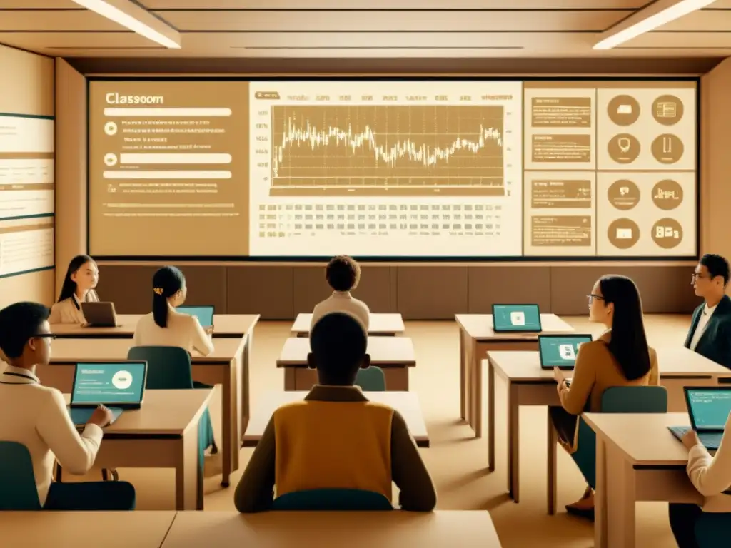 Un aula vintage con estudiantes y dispositivos digitales, fusionando métodos tradicionales con la Programación Neurolingüística en la Era Informática