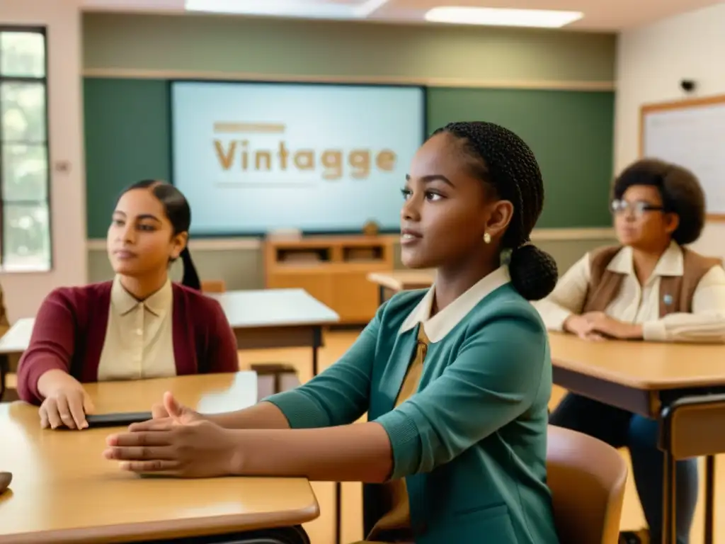 En un aula vintage, estudiantes diversos participan en una lección de lenguaje de signos, promoviendo la inclusión