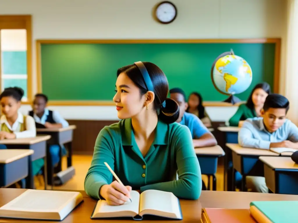 Un aula vintage con estudiantes diversos usando métodos innovadores de aprendizaje de idiomas, combinando lo tradicional y lo moderno