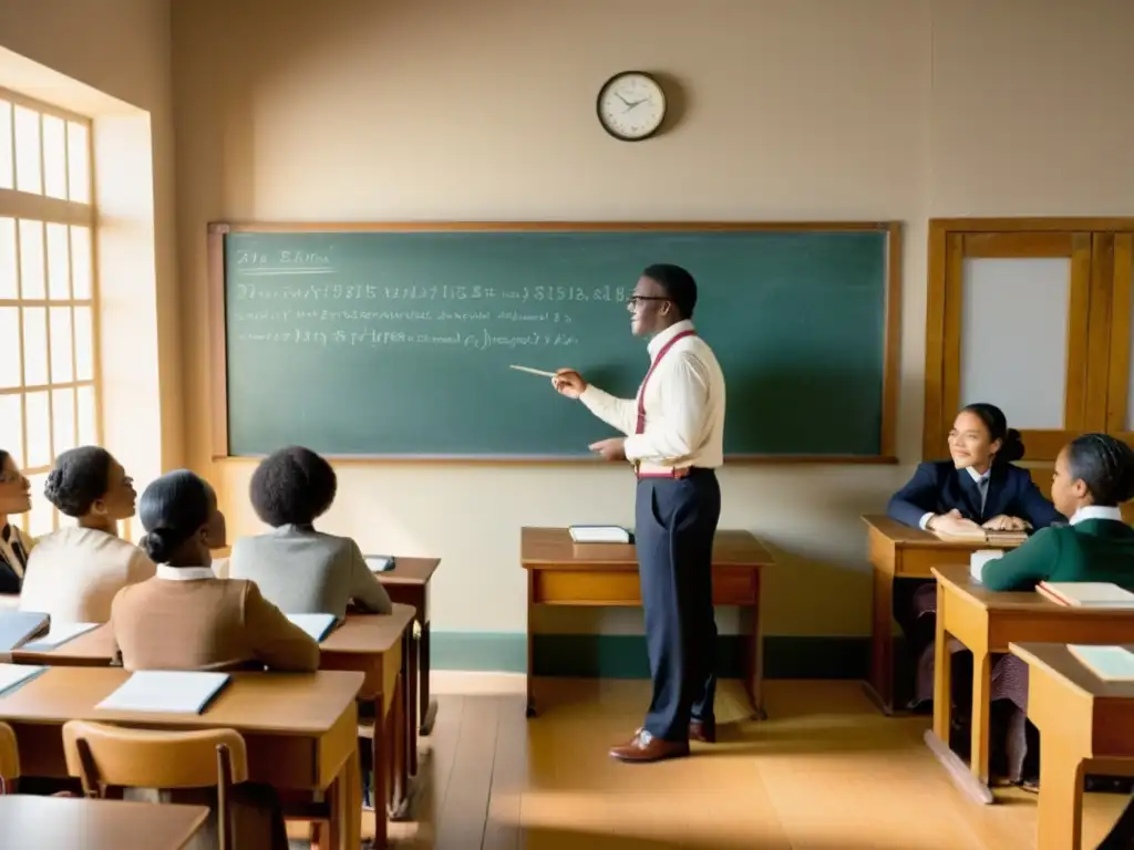 Clase de idiomas vintage: diversidad cultural y aprendizaje activo Una aula vintage con un instructor de idiomas y estudiantes adultos participando en estrategias de enseñanza de segundas lenguas