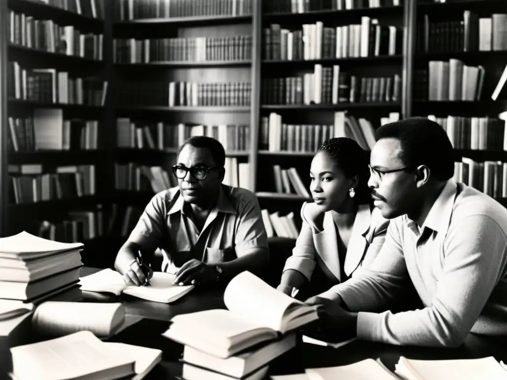 Autores fundamentales del Afrikaans inmersos en una conversación literaria intensa, rodeados de libros y papeles en una imagen vintage en blanco y negro