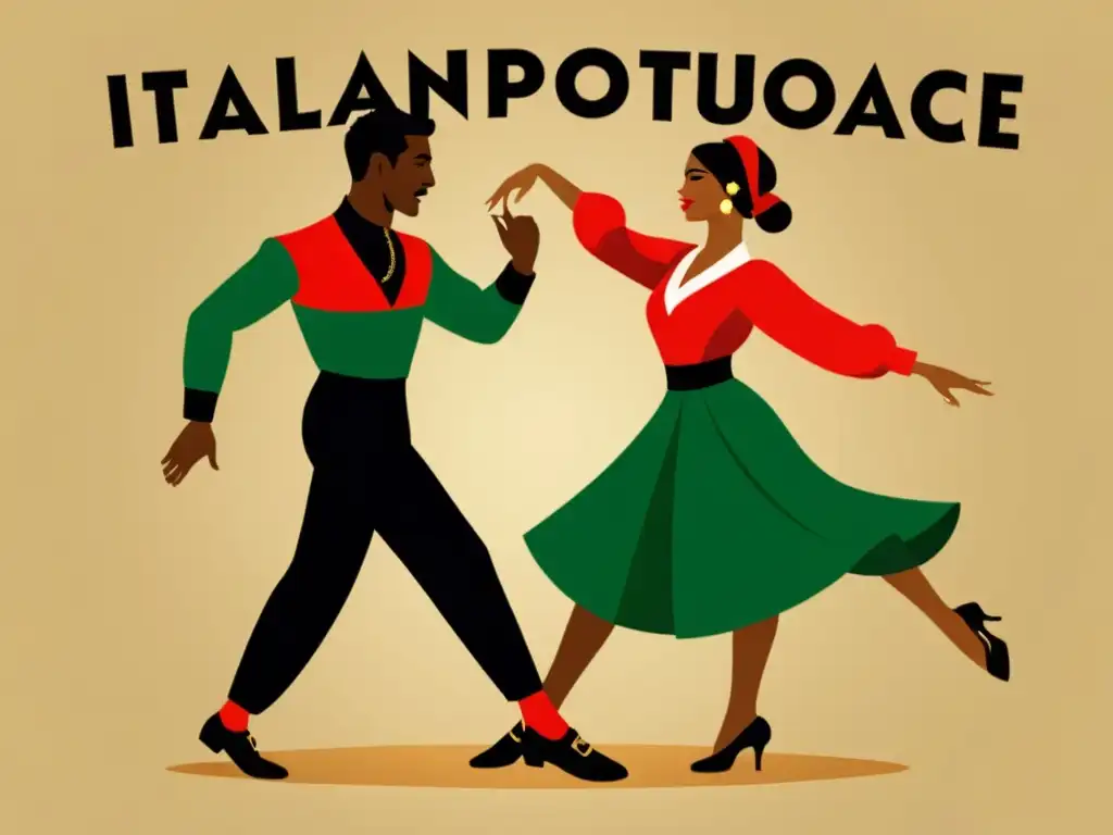 Dos bailarines representan la fonética italiana y portuguesa a través de sus movimientos, en un elegante escenario vintage