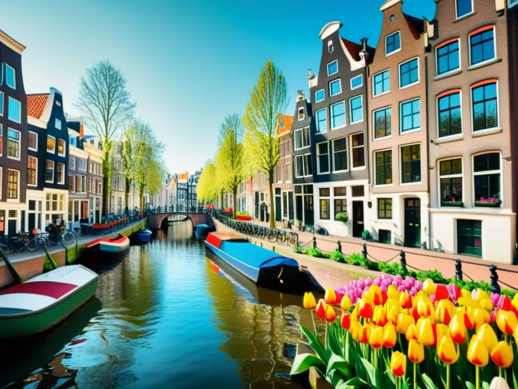 Descubre la belleza atemporal de Ámsterdam con sus canales, edificios históricos y tulipanes, perfecto para aprender holandés en Ámsterdam