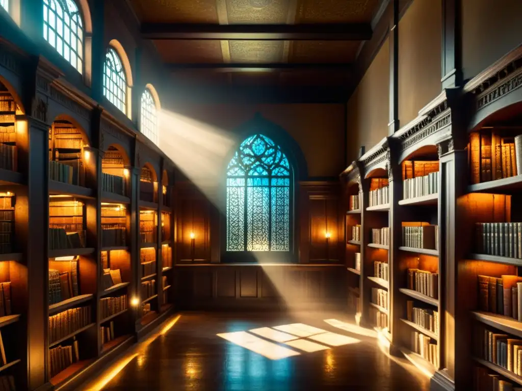 Una biblioteca antigua con libros polvorientos y pergaminos iluminada por rayos de sol a través de vitrales, creando una atmósfera mística