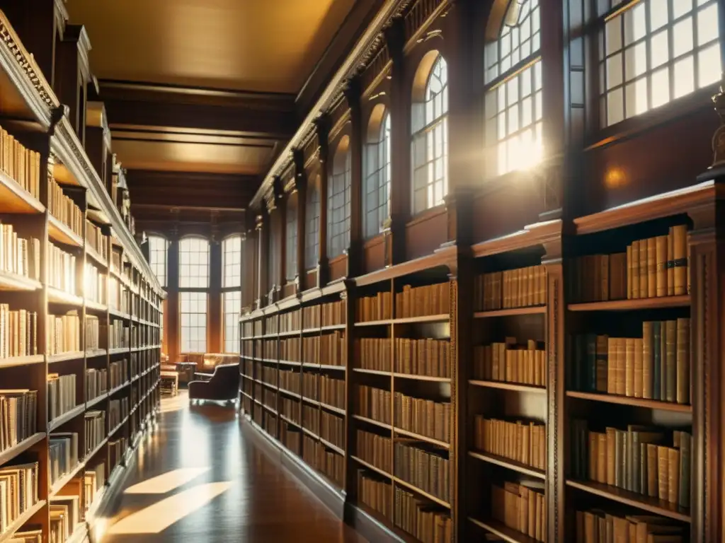 Una biblioteca antigua llena de libros, con luz natural que crea una atmósfera nostálgica y académica