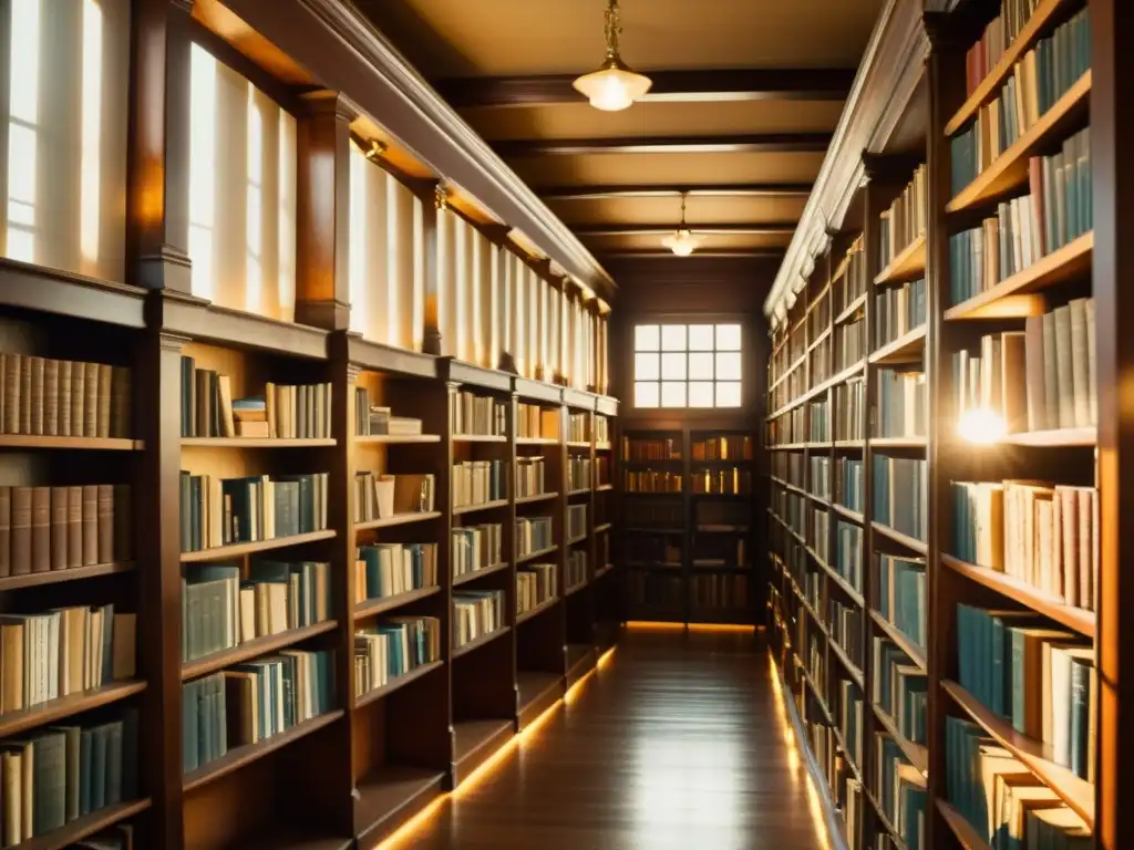 Una biblioteca vintage llena de libros de cuero, iluminada por rayos de sol