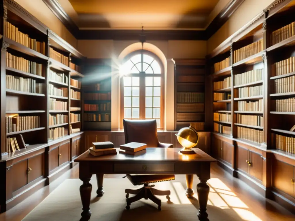 Una biblioteca vintage llena de libros antiguos, con luz solar que crea un ambiente cálido