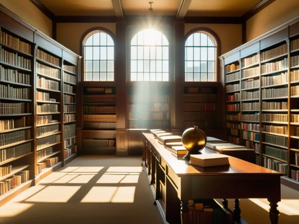 Una biblioteca vintage llena de libros antiguos encuadernados en cuero, con luz solar que crea sombras largas en las mesas de madera y estanterías