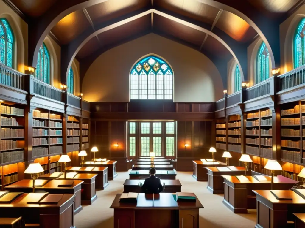 Una biblioteca vintage llena de libros antiguos y luz cálida, con un erudito inmerso en estudio