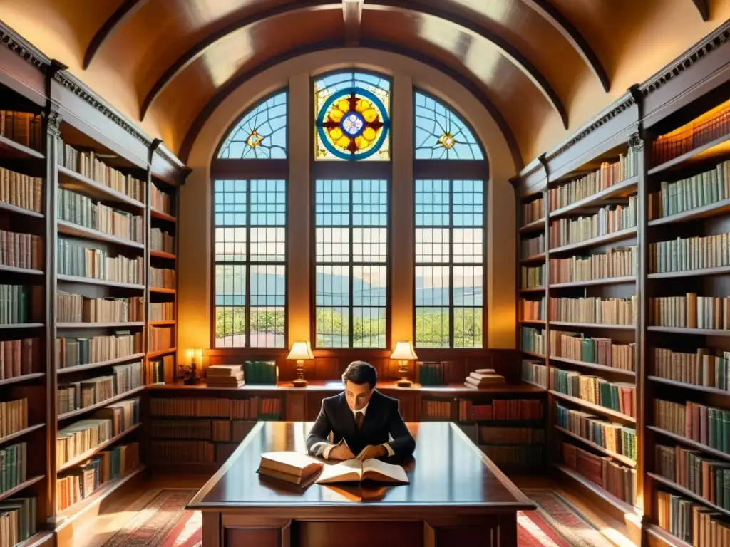 Una biblioteca vintage llena de literatura española y portuguesa antigua, con estantes de madera ornamentados que llegan hasta un techo abovedado