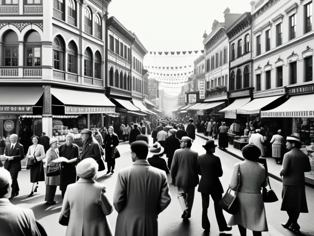 Una fotografía en blanco y negro de una animada calle de la ciudad, que muestra una construcción cultural a través del lenguaje y la arquitectura, con personas de diversas culturas interactuando en distintos idiomas y disfrutando de actividades culturales