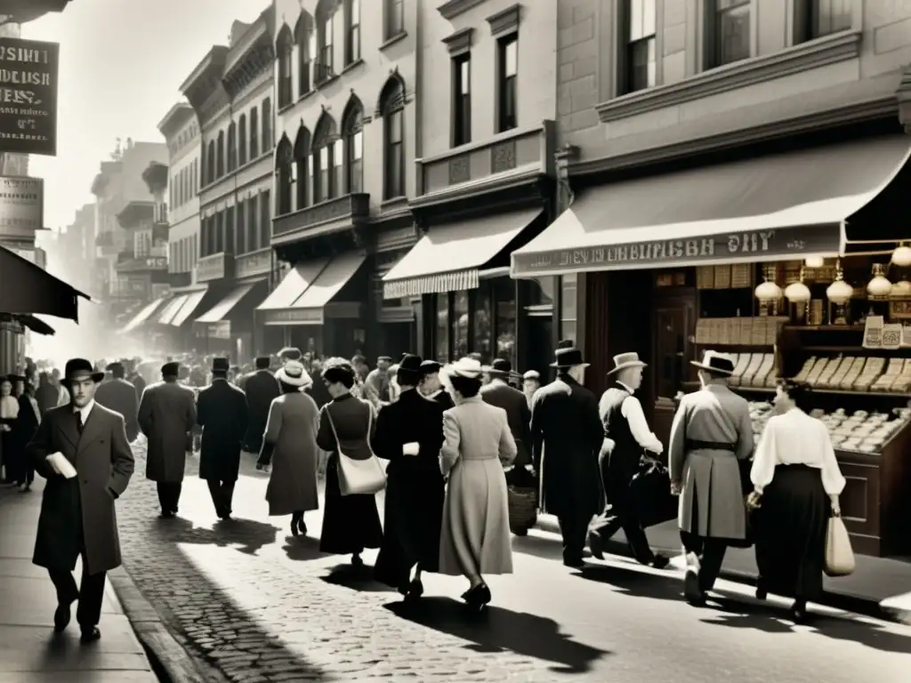 Una fotografía en blanco y negro de una bulliciosa calle en un barrio judío, con tiendas antiguas y personas vestidas con atuendos tradicionales