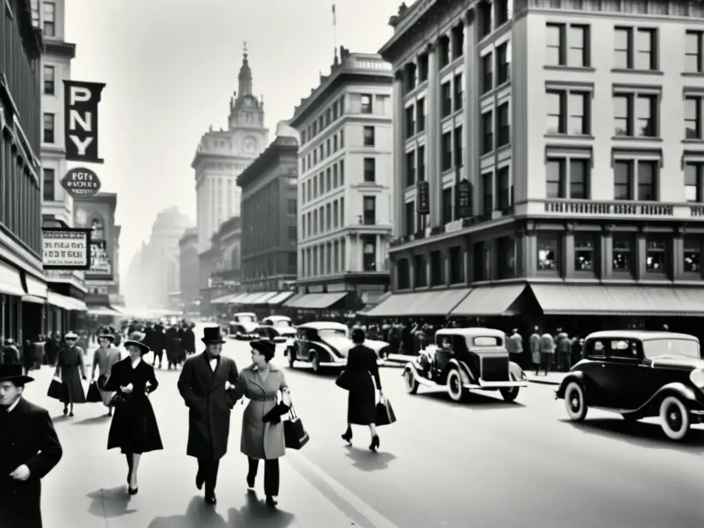 Una fotografía vintage en blanco y negro de una bulliciosa calle de la ciudad, con personas realizando diversas actividades