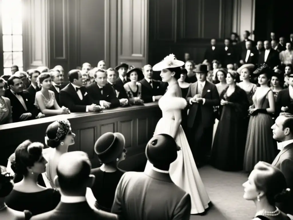 Una fotografía vintage en blanco y negro de un bullicioso desfile de moda parisino del siglo XX