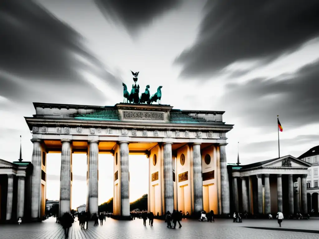 Esplendor atemporal: La Puerta de Brandeburgo en blanco y negro Inmersión lingüística en Berlín: Fotografía en blanco y negro de la majestuosa Puerta de Brandeburgo, resaltando su arquitectura y atmósfera atemporal