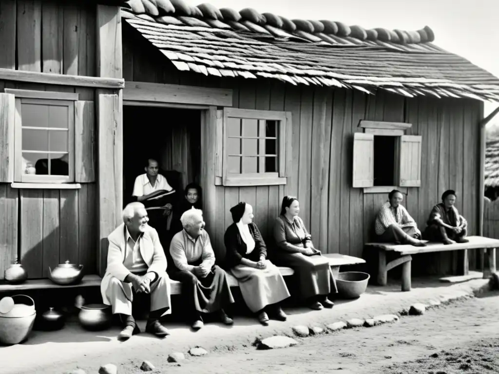 Una fotografía en blanco y negro de un pequeño pueblo rural