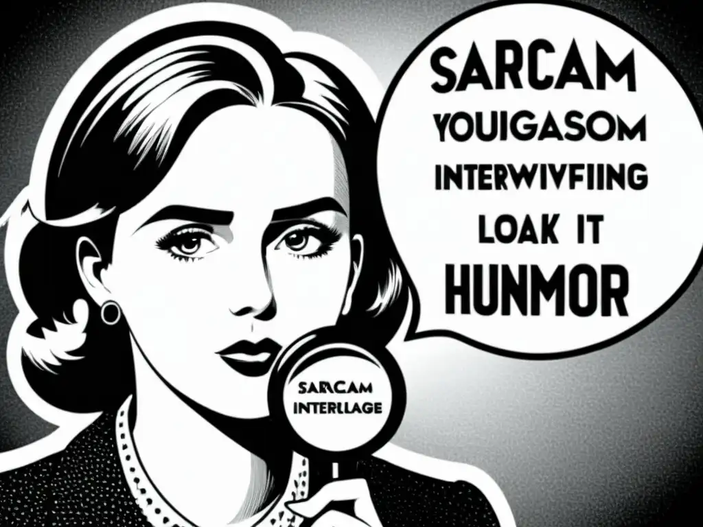 Ilustración vintage: Persona con lupa y palabras entrelazadas Una ilustración vintage en blanco y negro de una persona sosteniendo una lupa, con palabras como 'sarcasmo', 'humor' y 'NLP' entrelazadas en el fondo