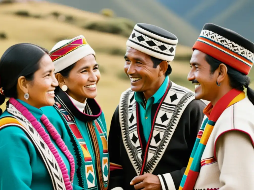 Una fotografía en blanco y negro de alta resolución muestra a un grupo de hablantes de Quechua en animada conversación, luciendo coloridos textiles y prendas tradicionales