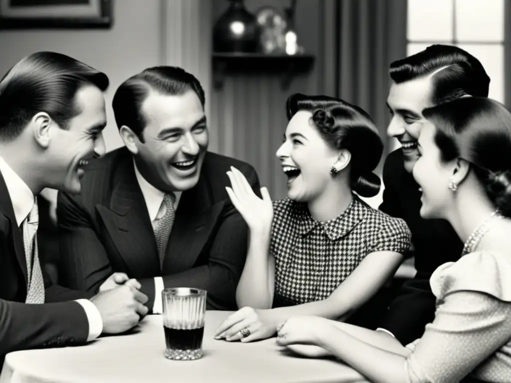 Conversaciones animadas: instantánea vintage llena de vida Una fotografía en blanco y negro vintage de un grupo de personas conversando animadamente alrededor de una mesa