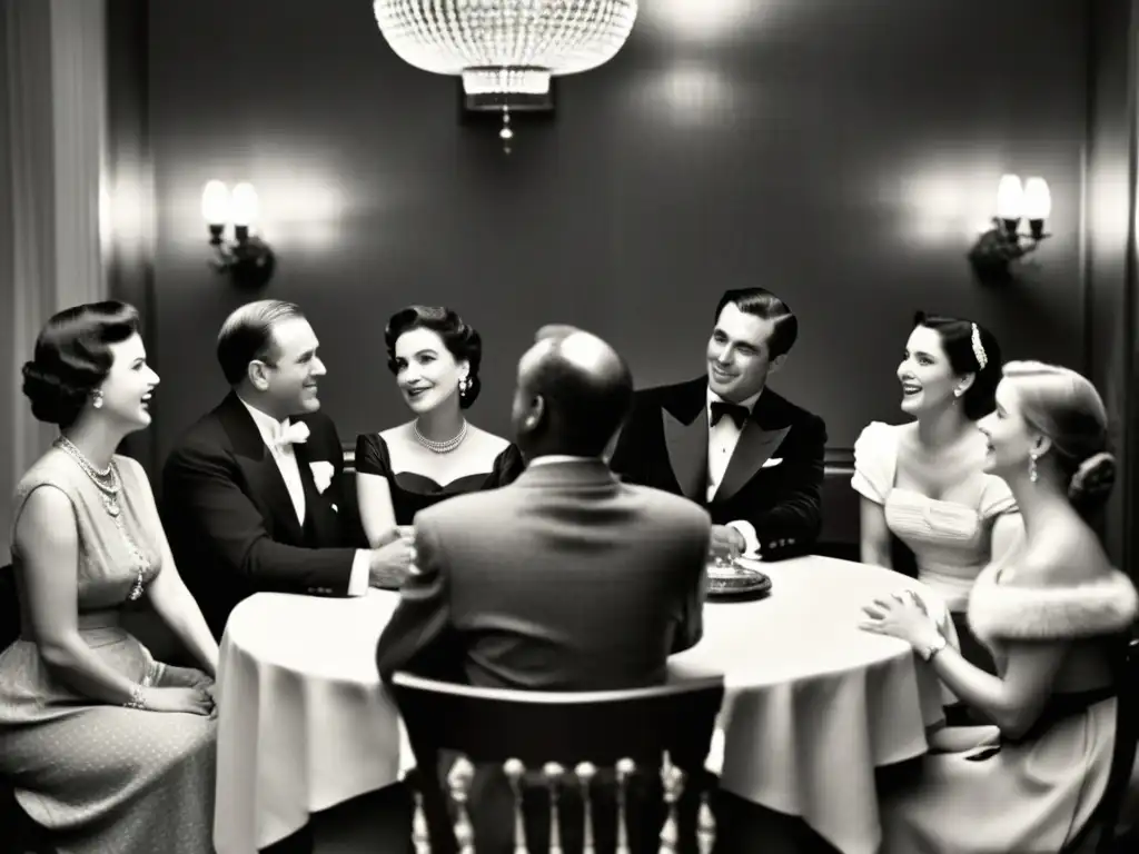 Una fotografía en blanco y negro vintage muestra un grupo en una conversación con lenguaje no verbal en un salón sofisticado