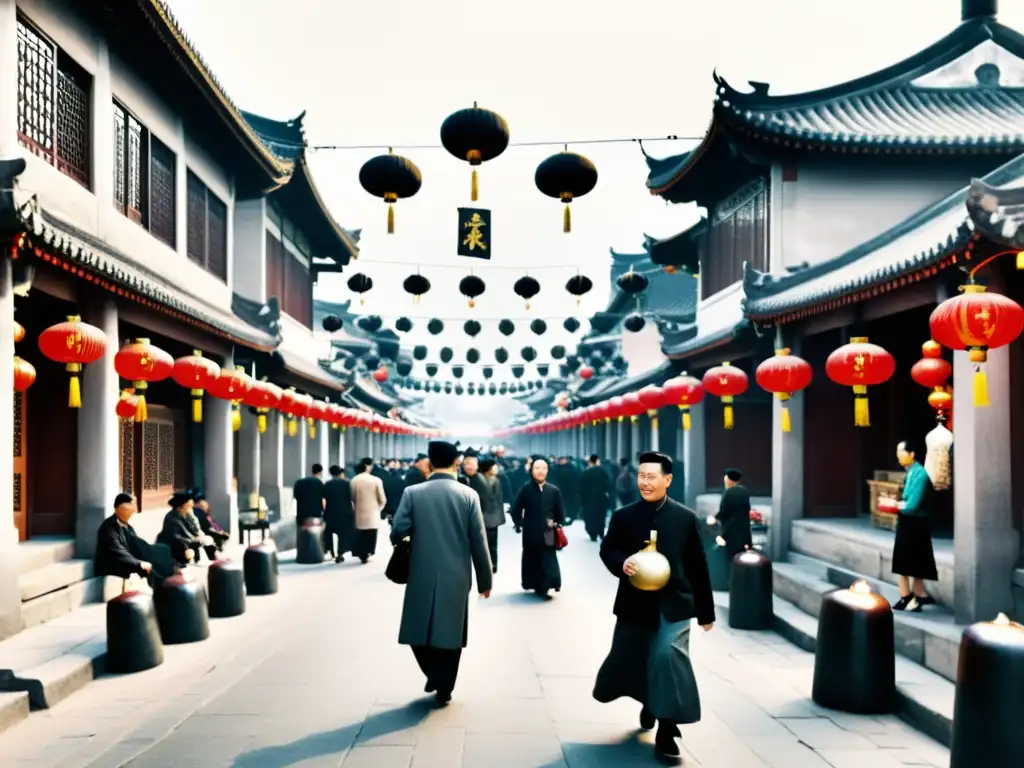 Una bulliciosa calle en China con arquitectura tradicional y linternas