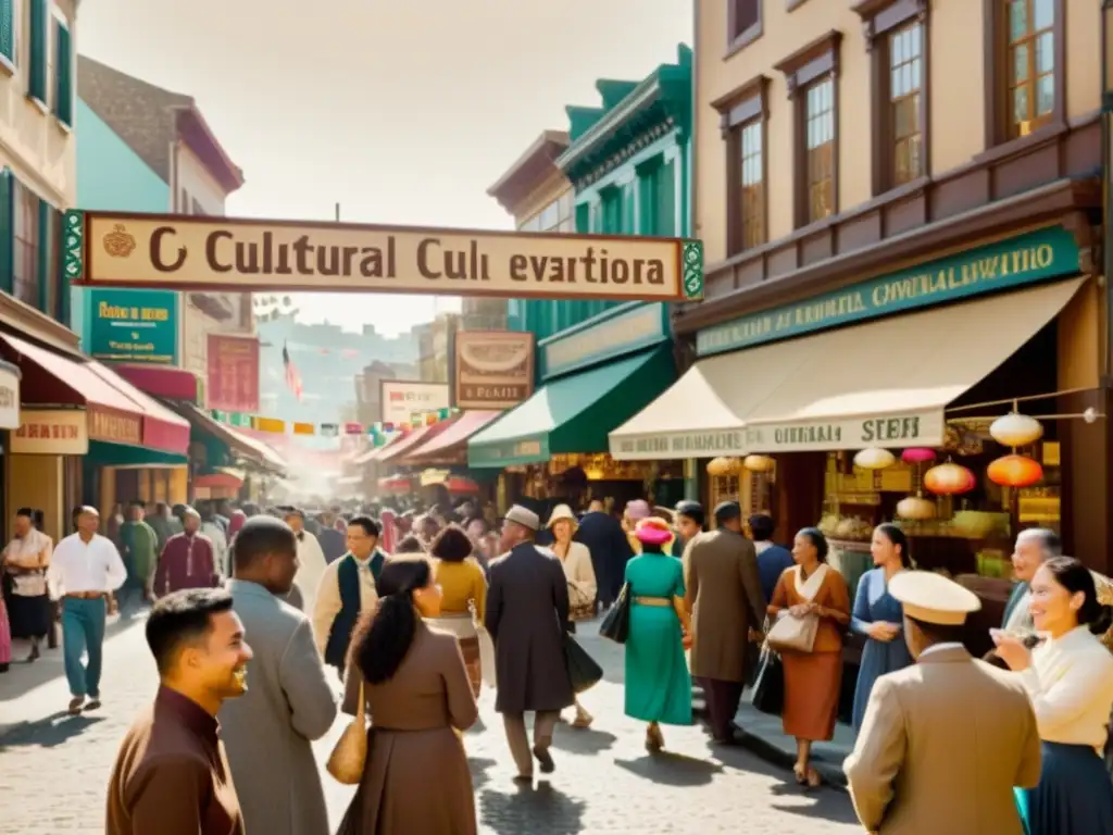 Una fotografía vintage de una bulliciosa calle de la ciudad, con diversidad cultural, idiomas y dialectos, destacando el impacto de la migración en la variedad lingüística y la dinámica social