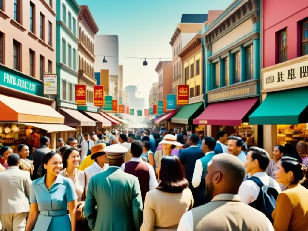 Una bulliciosa calle de ciudad con gente de diversas culturas hablando, expresando la rica variedad lingüística y el impacto de la migración global