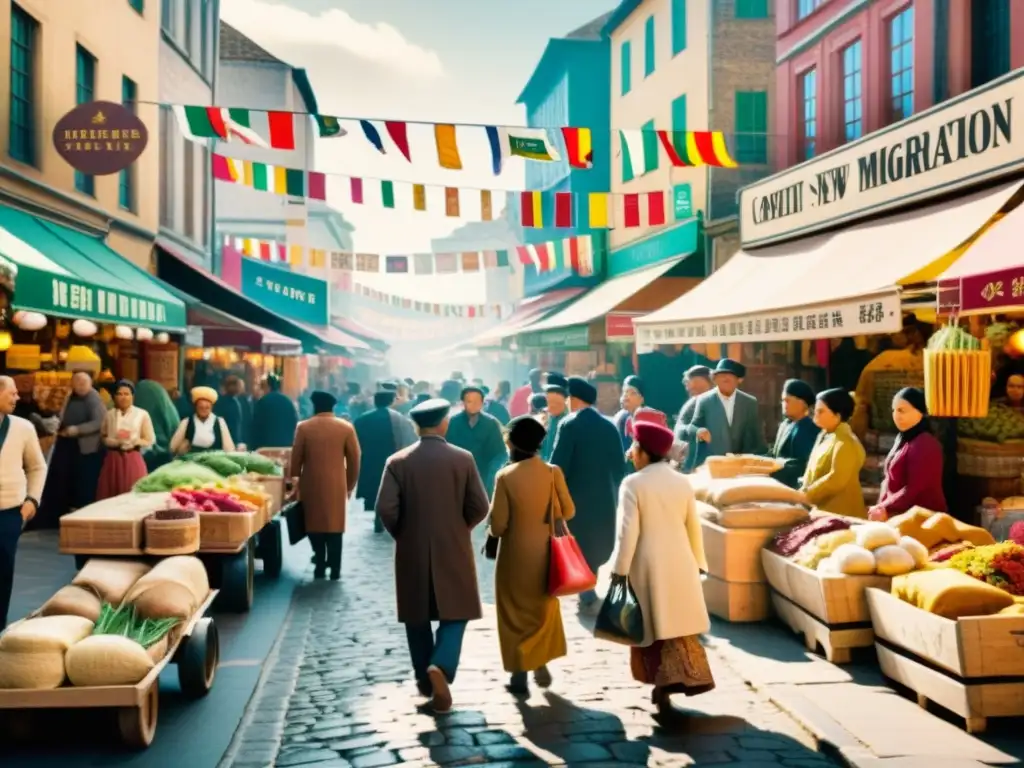 Una bulliciosa calle de ciudad vintage llena de inmigrantes, intercambiando idiomas y bienes culturales en puestos de mercado