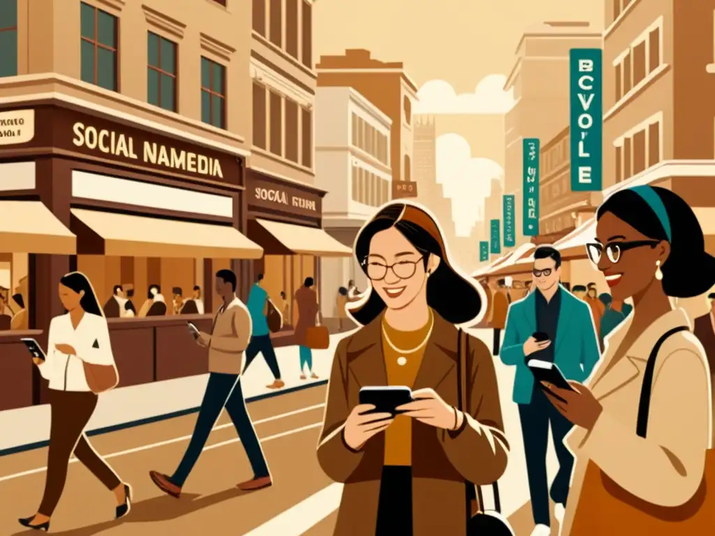 Una ilustración vintage de una bulliciosa calle de la ciudad, con personas hablando en diferentes idiomas y usando redes sociales en sus teléfonos