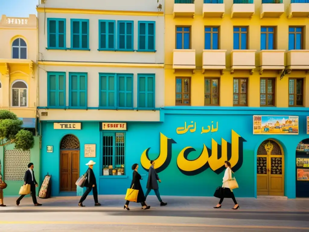 Inmersión lingüística hebreo Tel Aviv: bulliciosa calle con edificios vintage y murales coloridos, bañados por cálida luz, gente animada caminando