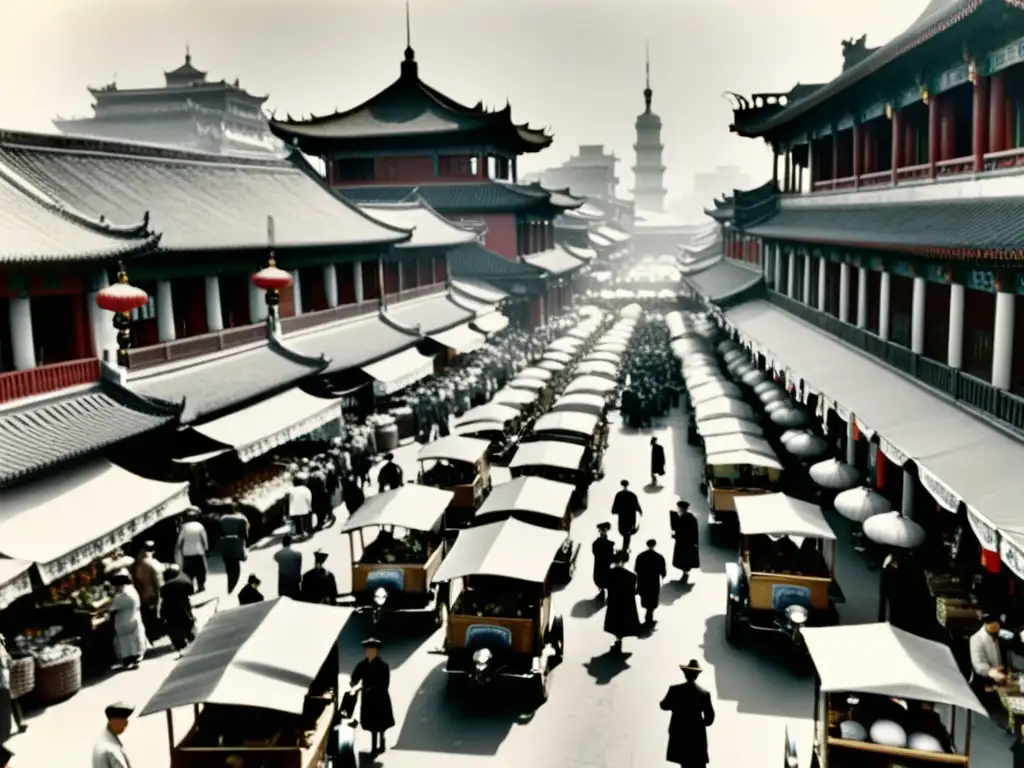 Una bulliciosa calle de mercado en Shanghai, China, en los años 30