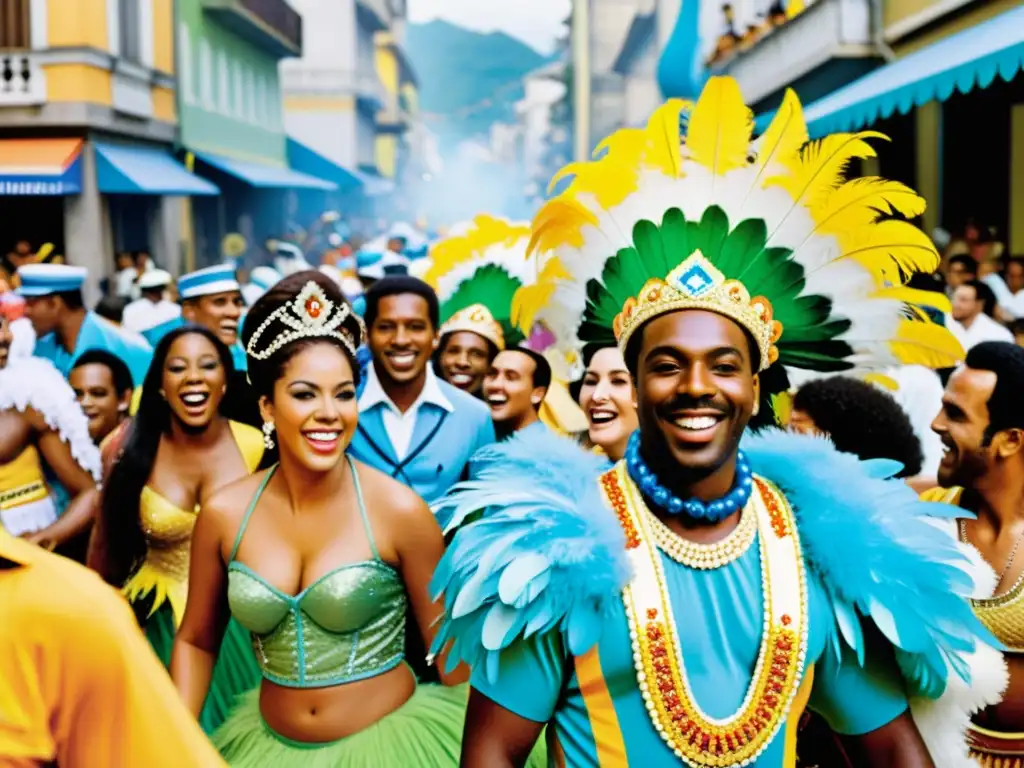 Una bulliciosa calle de Río durante el Carnaval, con coloridos desfiles y músicos