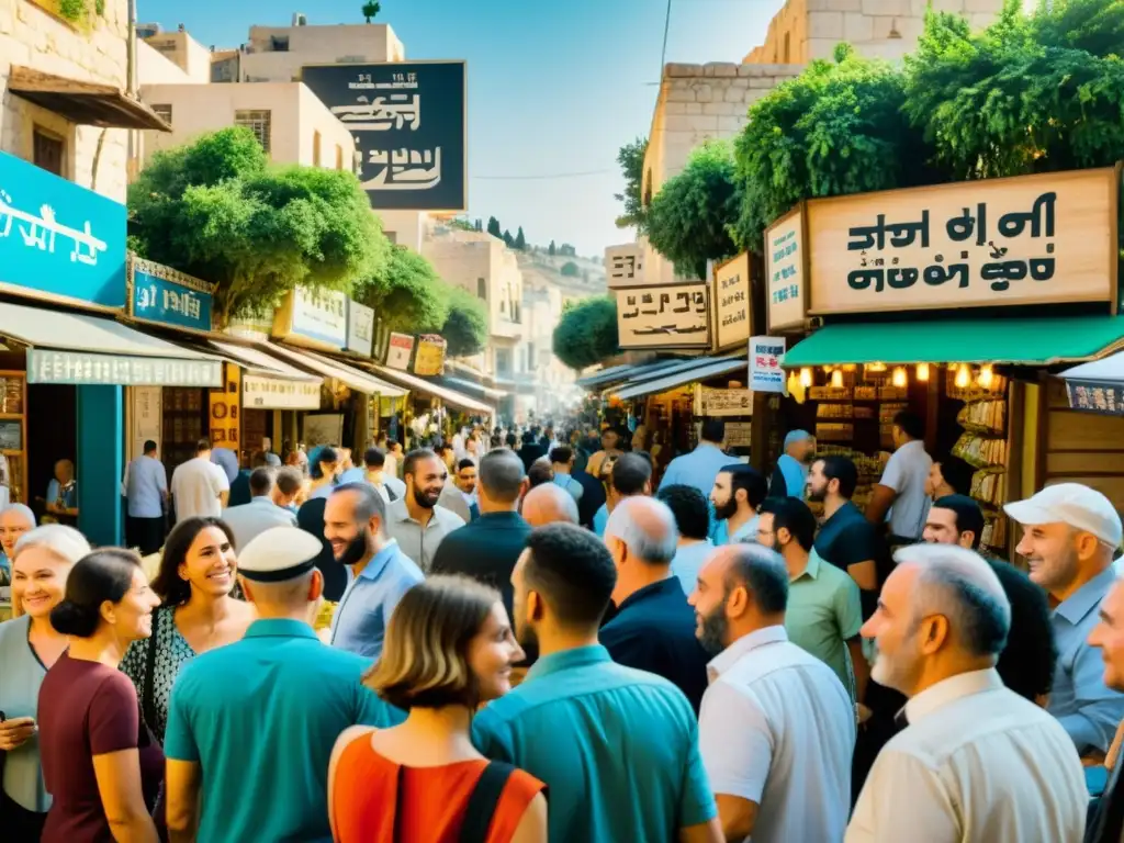 Una bulliciosa calle en Israel, con señales en hebreo moderno y gente diversa, simbolizando la revitalización del hebreo en Israel