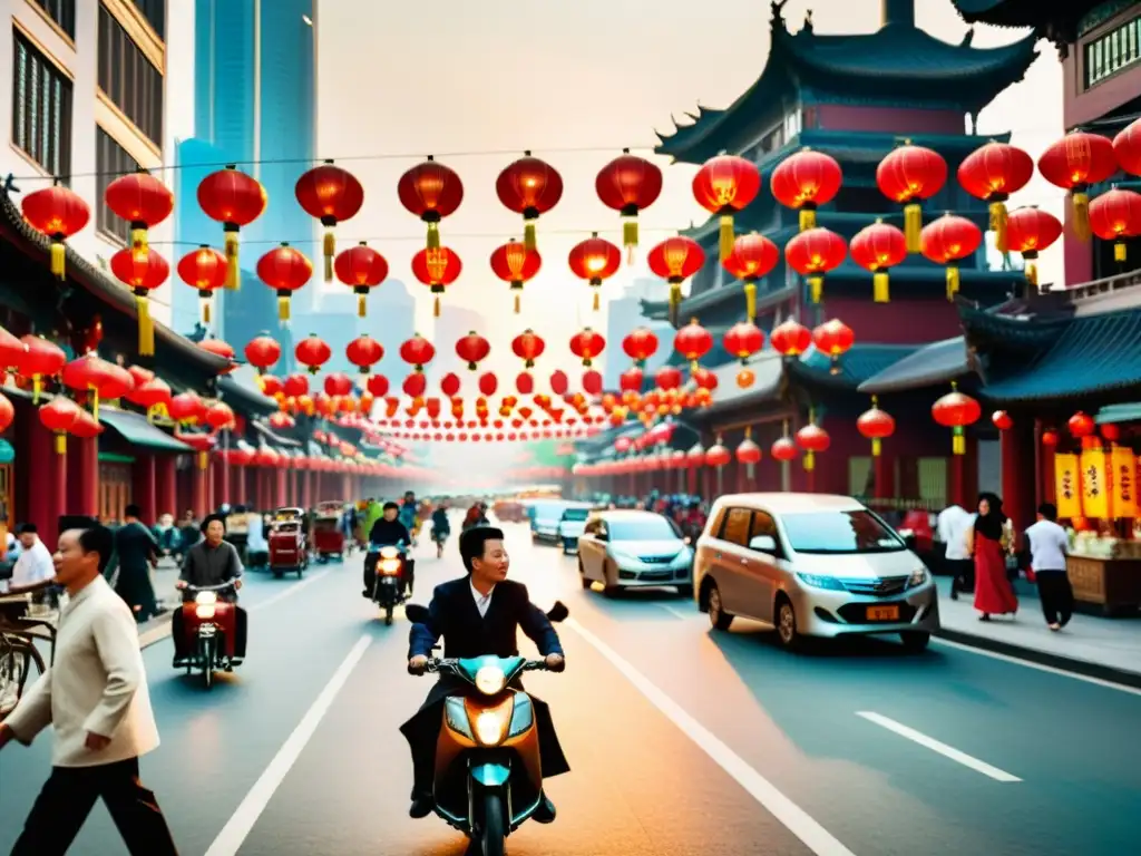 Una bulliciosa calle de Shanghái con arquitectura tradicional china, modernos y tradicionales medios de transporte, y una energía vibrante