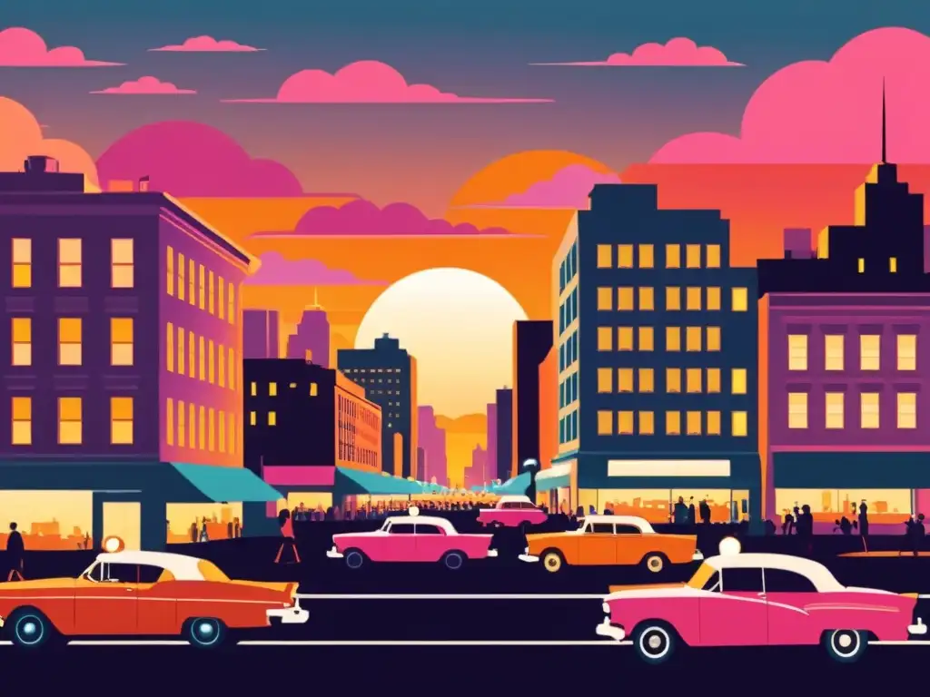 Una ilustración vintage de una bulliciosa ciudad al atardecer, con edificios altos y coches antiguos