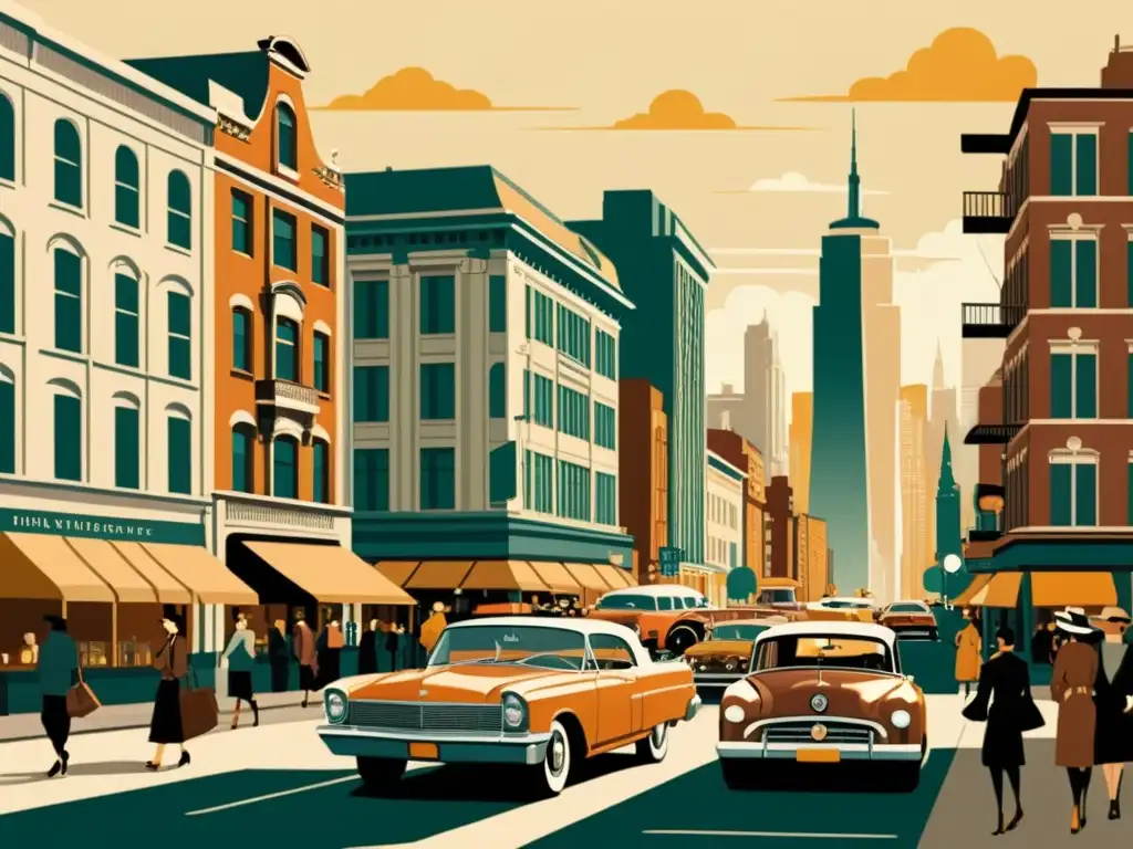 Una ilustración vintage de una bulliciosa ciudad, con edificios altos y calles llenas de coches clásicos y peatones elegantes