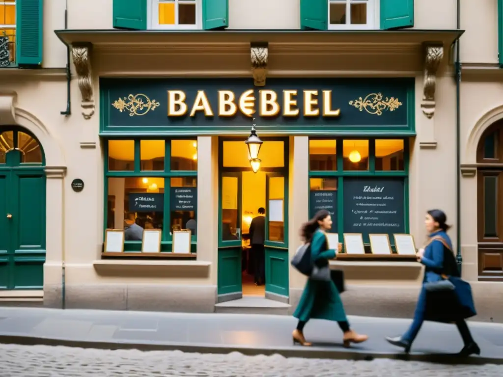 Bulliciosa escuela de idiomas Babbel en una ciudad europea histórica, con estudiantes conversando bajo cálidas farolas vintage