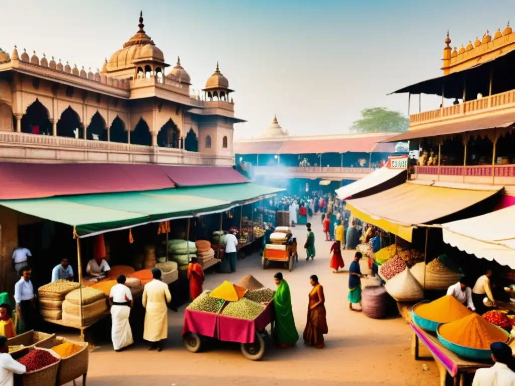 Una bulliciosa plaza de mercado en la India, con colores vibrantes, vendedores callejeros y hermosa arquitectura