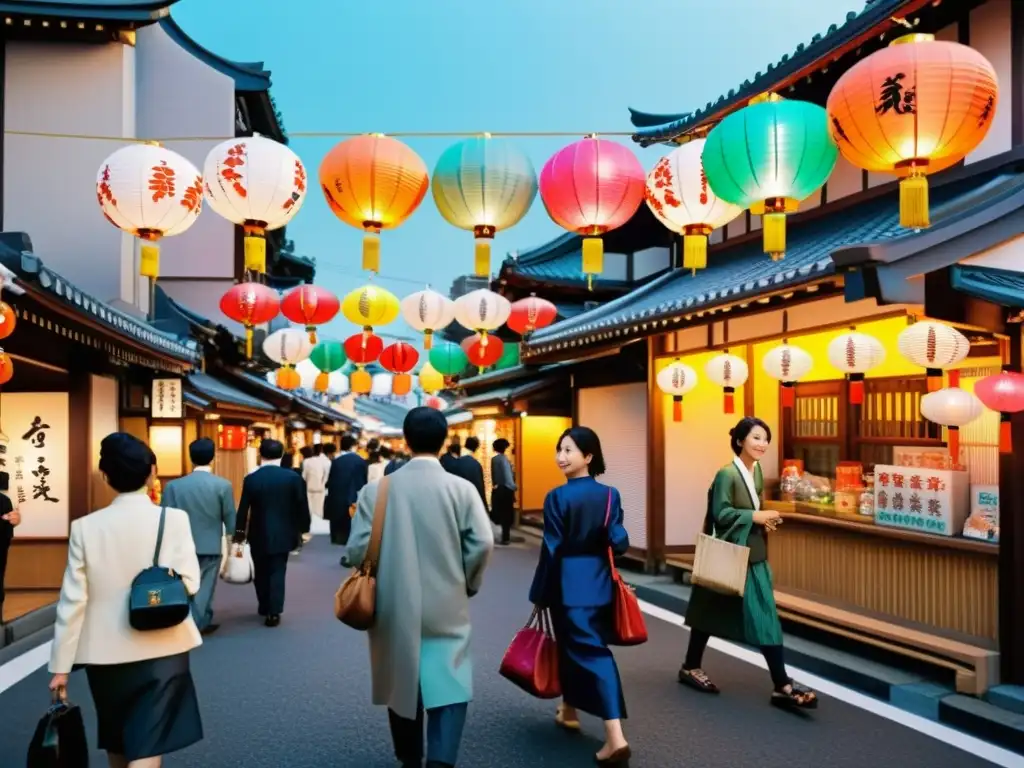 Un bullicioso cruce de calles en Tokio, con neones coloridos y linternas tradicionales